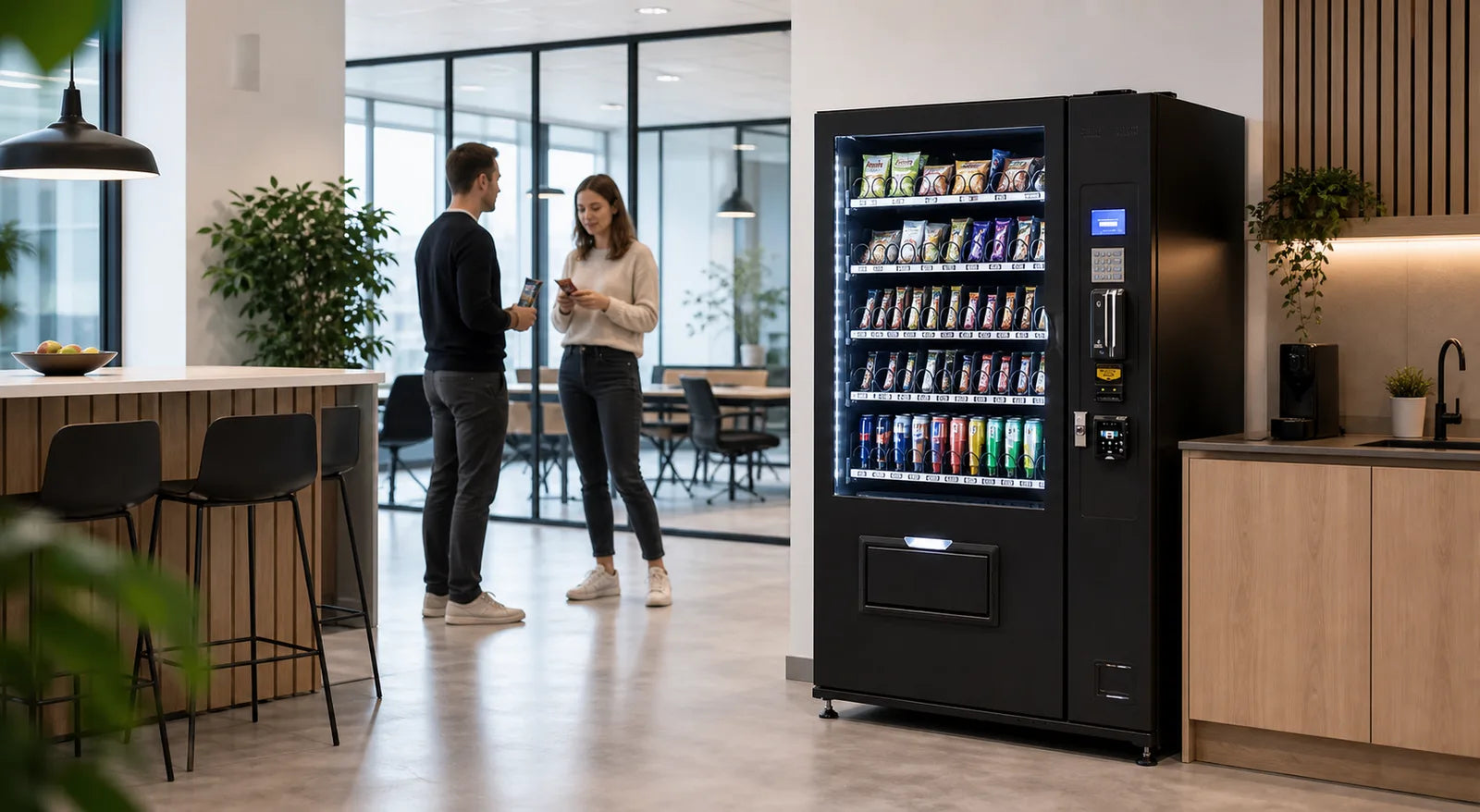 Menschen im Gespräch neben einem Pulse-Snackautomaten